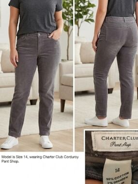 Charter Club Women's Soft Corduroy Jeans Sz 14 Gray Straight Fit